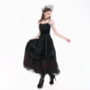 DARK IN LOVE KW457 Gothic Black Velvet Lace Patchwork Maxi Skirt – Vintage Layered Dark Red Lined Ruched Swing Skirt