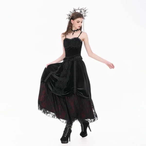 DARK IN LOVE KW457 Gothic Black Velvet Lace Patchwork Maxi Skirt – Vintage Layered Dark Red Lined Ruched Swing Skirt