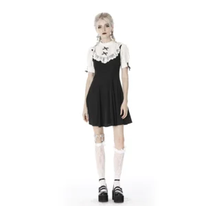 Gothic Lolita Black Contrast Lace Mini Dress – Vintage High Neck Puff Sleeve A-Line Maid Doll Dress