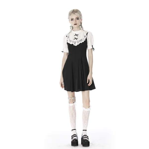 Gothic Lolita Black Contrast Lace Mini Dress – Vintage High Neck Puff Sleeve A-Line Maid Doll Dress