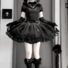 TwilightSong Original Cross Order Gothic Lolita OP Dress – Short Sleeve Drop Waist Black Mini Dress