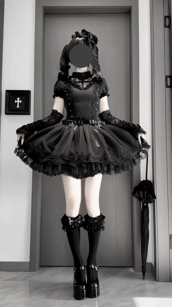 TwilightSong Original Cross Order Gothic Lolita OP Dress – Short Sleeve Drop Waist Black Mini Dress
