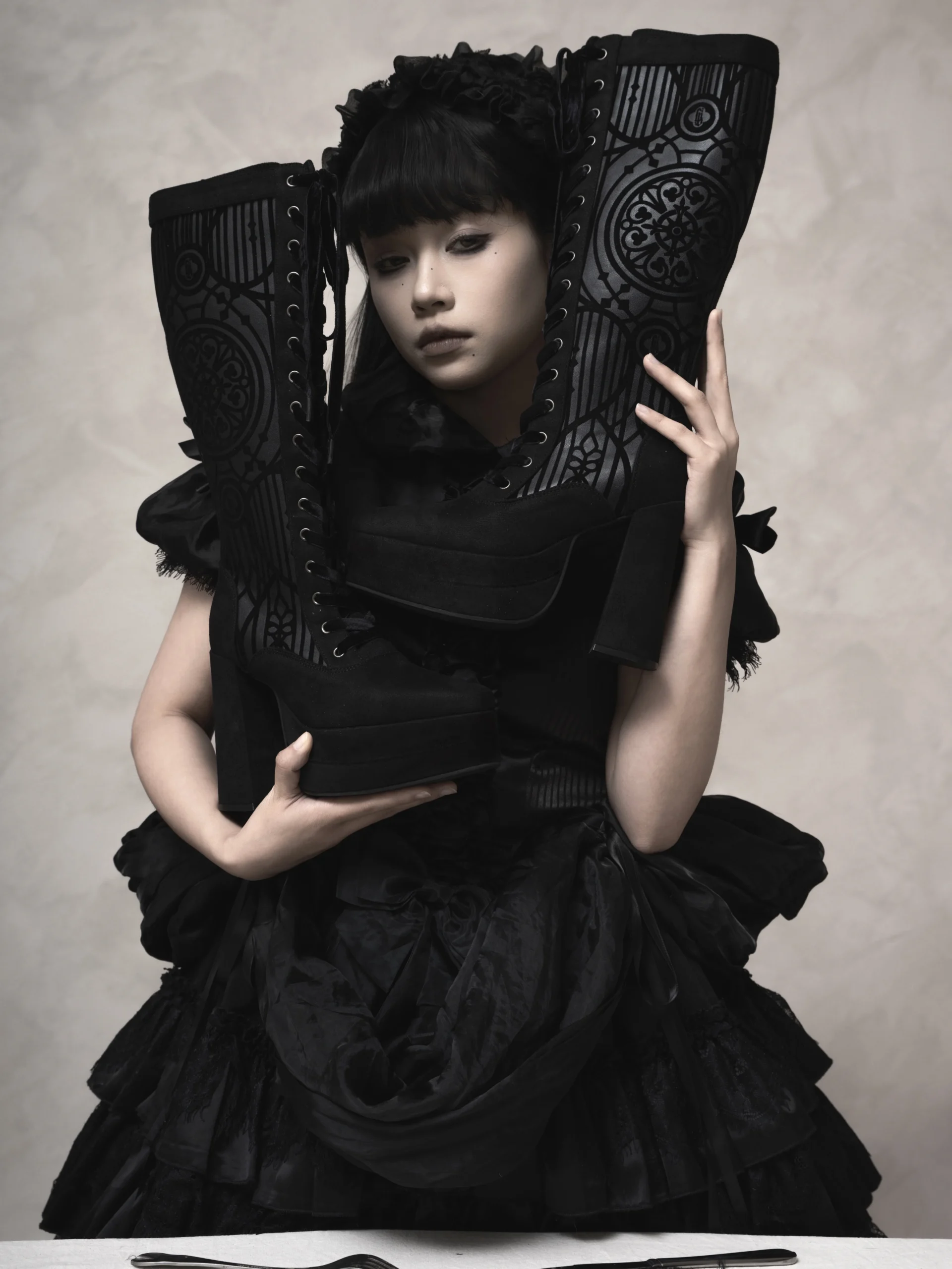 Lacy Bones Gothic Cathedral Pattern Knee-High Boots – Dark Subculture Platform High Heel Lace-Up Boots