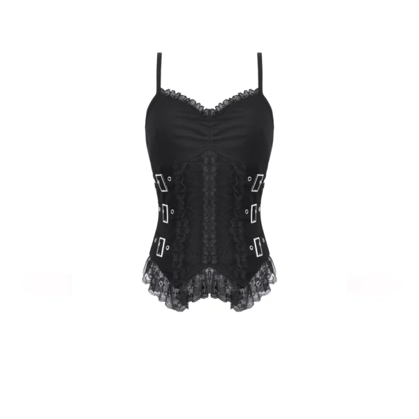 DARK IN LOVE TW686 Gothic Metal Buckle Strap Cinch Camisole – Sheer Lace Patchwork Bustier Top