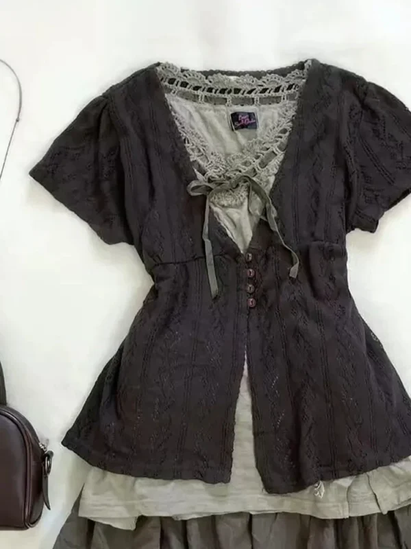 Vintage Mori Girl 3-Piece Outfit Set – Short Sleeve Knit Cardigan, Lace Trim Tank Top & Tiered Mini Skirt