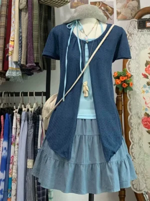 Japanese Vintage Summer 3-Piece Outfit Set – Eyelet Lace Short Sleeve Cardigan, Light Blue Halter Cami Top & Tiered Mini Skirt