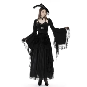 Women's Gothic Vintage Bell Sleeve Cropped Shrug – Lace Trim Front Buckle Bolero Jacket Top