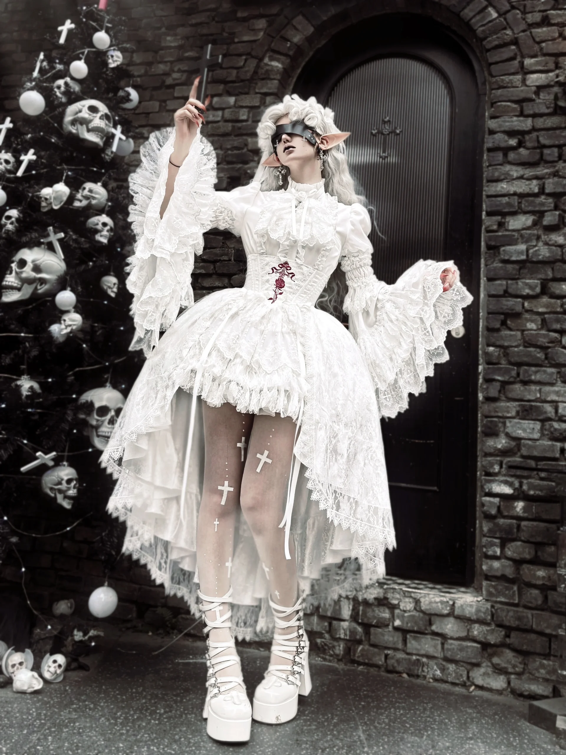 Cross & Thorns Gothic High-Low Lace Lolita Set – Chiffon Blouse, Corset Skirt & Detachable Princess Sleeves