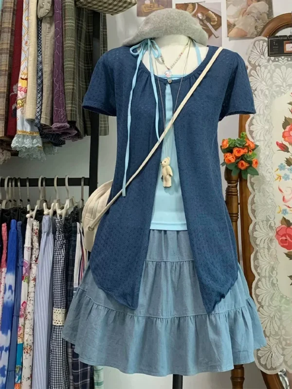 Japanese Vintage Summer 3-Piece Outfit Set – Eyelet Lace Short Sleeve Cardigan, Light Blue Halter Cami Top & Tiered Mini Skirt
