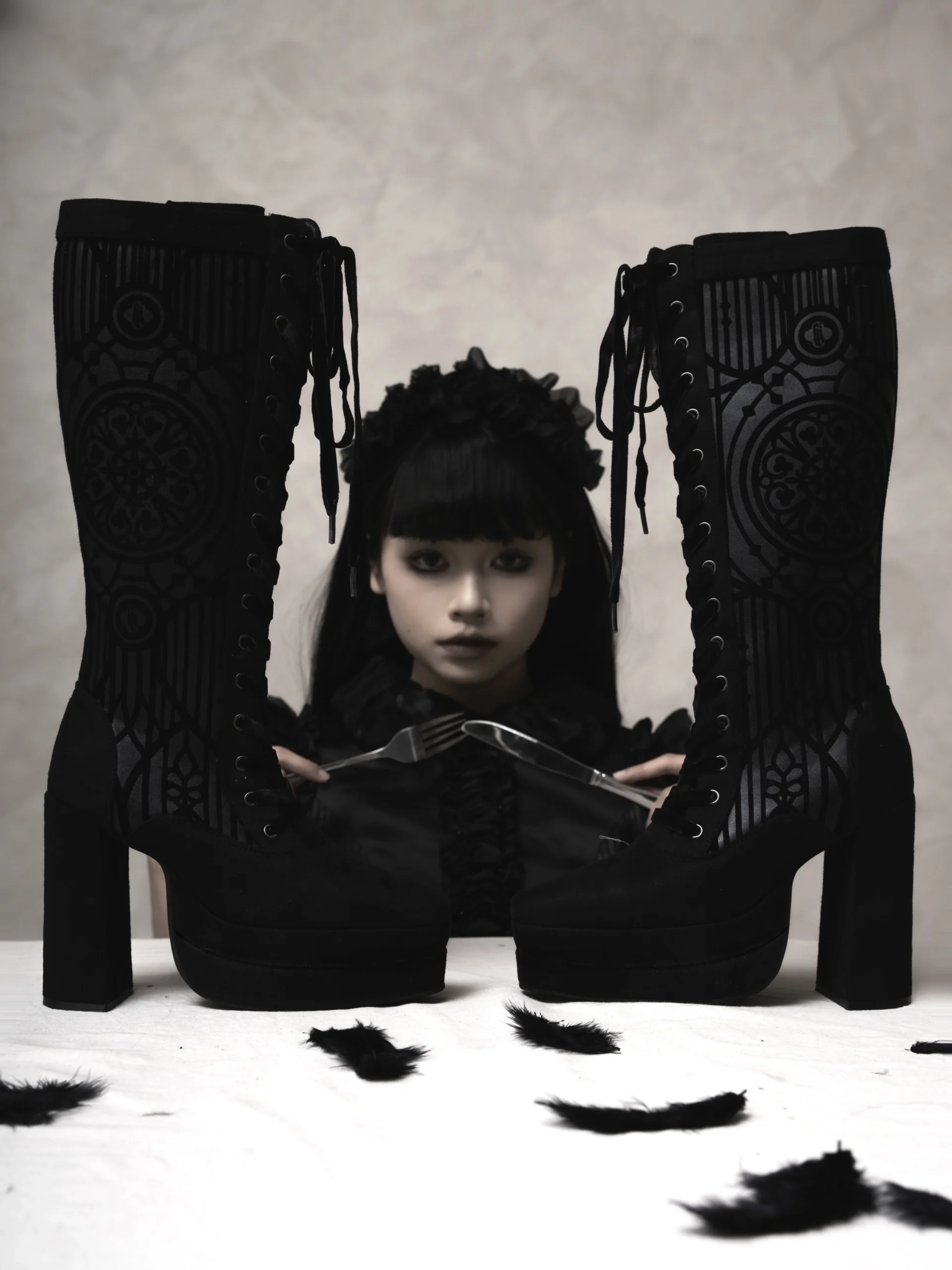 Lacy Bones Gothic Cathedral Pattern Knee-High Boots – Dark Subculture Platform High Heel Lace-Up Boots