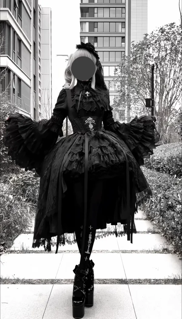 Cross & Thorns Gothic High-Low Lace Lolita Set – Chiffon Blouse, Corset Skirt & Detachable Princess Sleeves