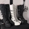 Gothic Square Pointed Toe Chunky High Heel Platform Knight Boots – Dark Punk Buckle Straps Knee-High Boots