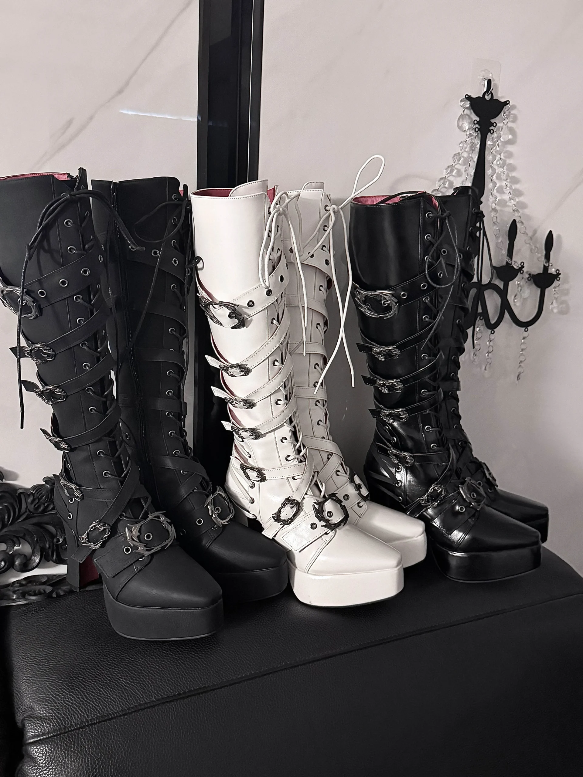Gothic Square Pointed Toe Chunky High Heel Platform Knight Boots – Dark Punk Buckle Straps Knee-High Boots