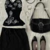Y2K Vintage Floral Graphic Cami Top – Gothic V-Neck Spaghetti Strap Slim Fit Corset-Style Tank Top