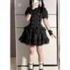 Lolita Double-Breasted Lace Patchwork Short Sleeve Mini Dress – Japanese Gothic Pinstripe High Waist Slim A-Line Summer Dress