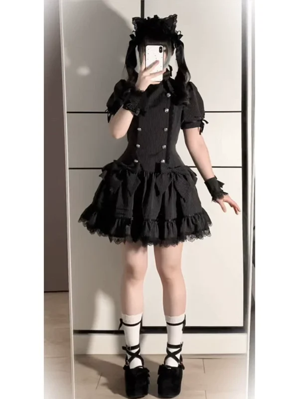 Lolita Double-Breasted Lace Patchwork Short Sleeve Mini Dress – Japanese Gothic Pinstripe High Waist Slim A-Line Summer Dress