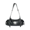 VFVF Vintage Biker Leather Shoulder Bag – Y2K Metallic Heart Studded Baguette Hobo Bag