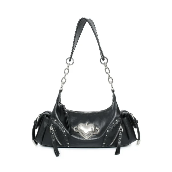 VFVF Vintage Biker Leather Shoulder Bag – Y2K Metallic Heart Studded Baguette Hobo Bag
