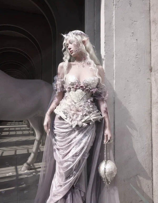 Blood Supply Moonlight Beast Spirit Floral Lace Elven Maxi Skirt - Detachable Cage Support Lavender Tulle Evening Train Skirt