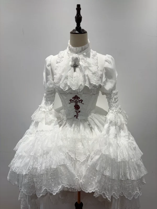 Cross & Thorns Gothic High-Low Lace Lolita Set – Chiffon Blouse, Corset Skirt & Detachable Princess Sleeves