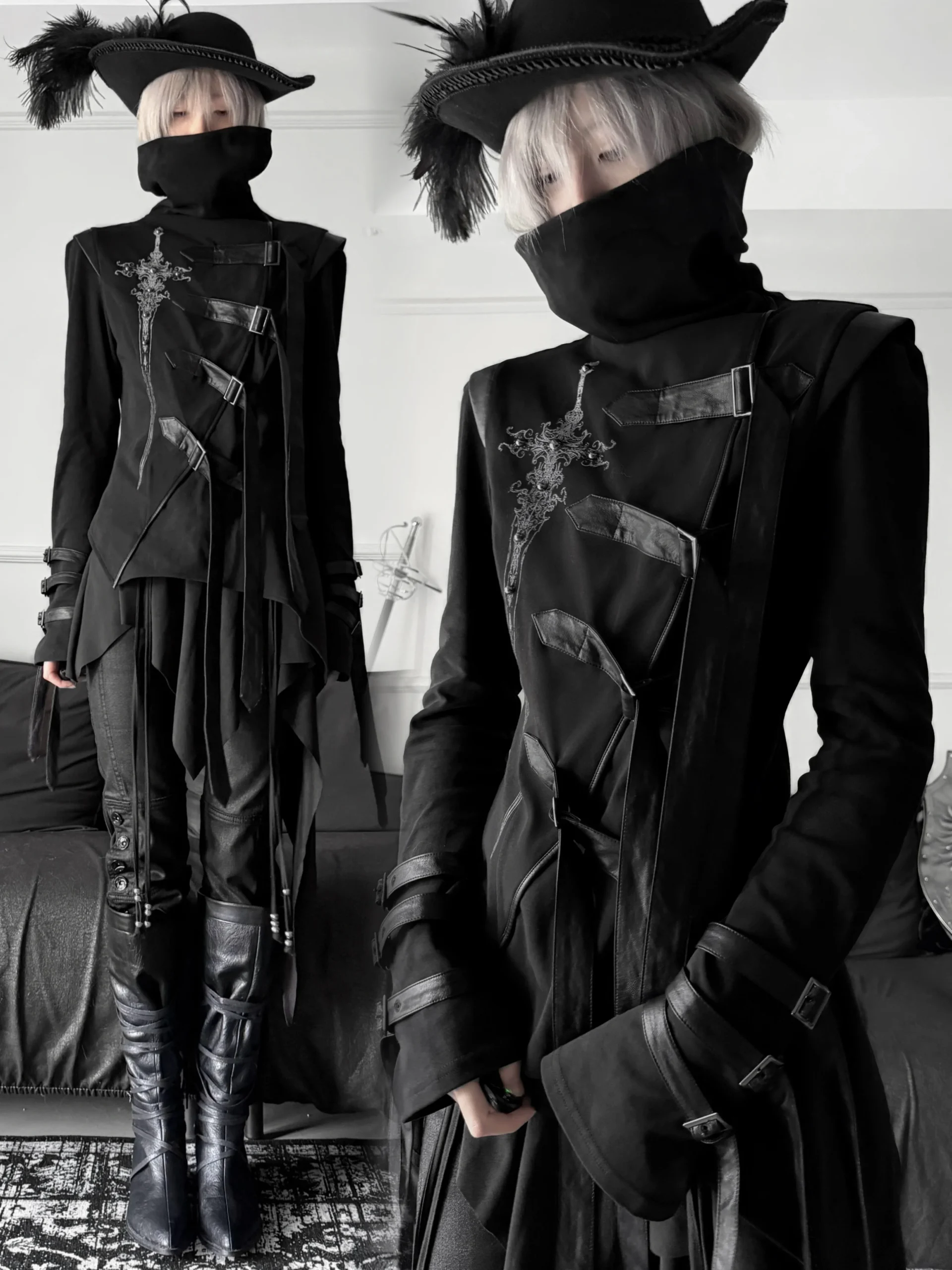 CroixDragon Gothic Sword Print High Collar Buckled Top – Darkwear Asymmetric Strapped Tunic Jacket for Unisex