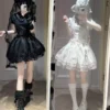 TwilightSong Original Cross Order Gothic Lolita OP Dress – Short Sleeve Drop Waist Black Mini Dress