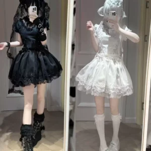 TwilightSong Original Cross Order Gothic Lolita OP Dress – Short Sleeve Drop Waist Black Mini Dress