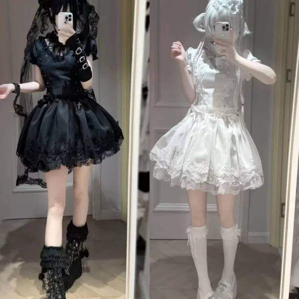 TwilightSong Original Cross Order Gothic Lolita OP Dress – Short Sleeve Drop Waist Black Mini Dress