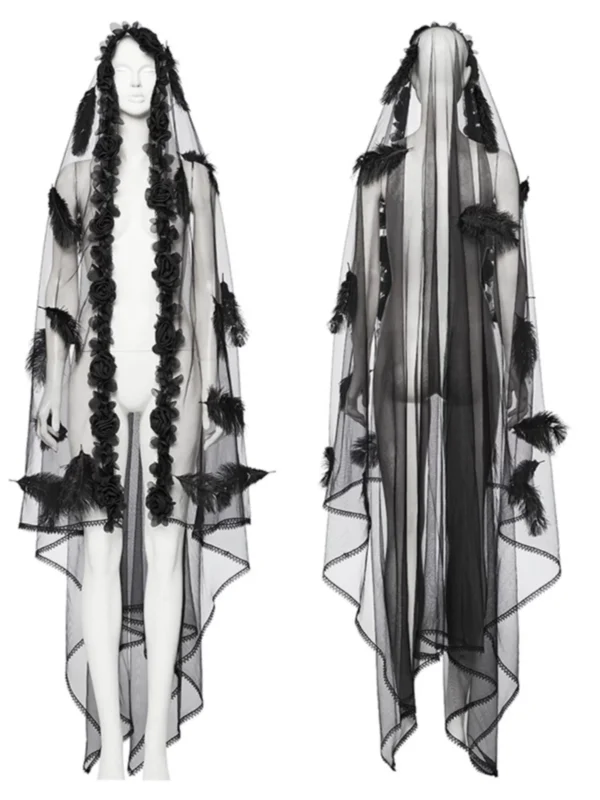 PUNK RAVE Gothic Feather & Floral Mesh Veil (WS-731FSF) – Black Sheer Cathedral Veil Accessory for Halloween & Cosplay