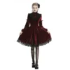 Red Gothic Blood Cross Velvet Dress – Vintage High-Neck Lantern Sleeve Lace Trim Vampire Long Dress for Women (DW448)