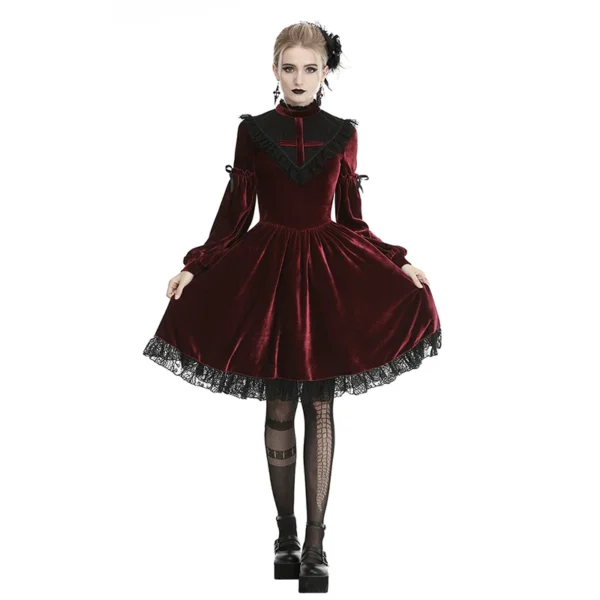 Red Gothic Blood Cross Velvet Dress – Vintage High-Neck Lantern Sleeve Lace Trim Vampire Long Dress for Women (DW448)
