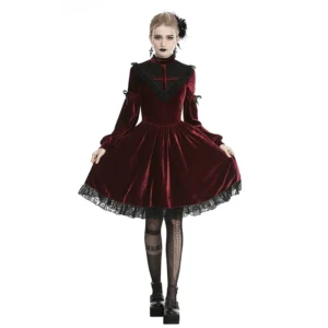 Red Gothic Blood Cross Velvet Dress – Vintage High-Neck Lantern Sleeve Lace Trim Vampire Long Dress for Women (DW448)