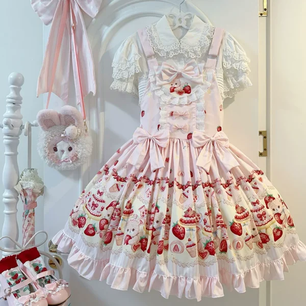 Sweet Strawberry Berry Bear Lolita JSK Dress – Original Japanese Kawaii Suspender Overall Dress