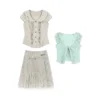 Vintage Mori Kei Mint Green 3-Piece Outfit Set – Short Sleeve Cardigan, Inner Blouse & Polka Dot Midi Skirt