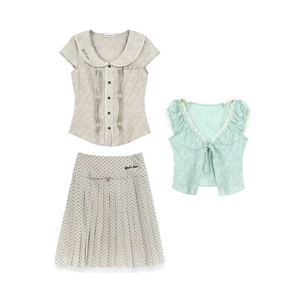 Vintage Mori Kei Mint Green 3-Piece Outfit Set – Short Sleeve Cardigan, Inner Blouse & Polka Dot Midi Skirt