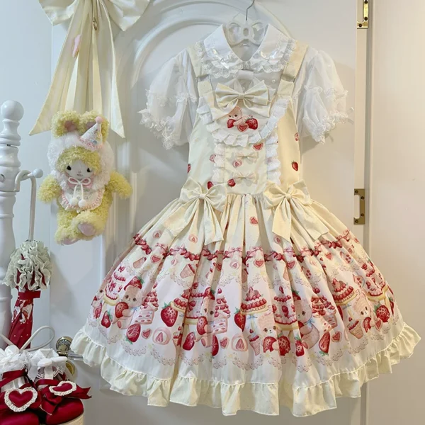 Sweet Strawberry Berry Bear Lolita JSK Dress – Original Japanese Kawaii Suspender Overall Dress