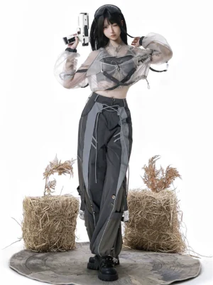 Infinite War Zone Cyberpunk Techwear Lolita 3-Piece Set – Crop Tank Top, Sheer Mesh Outer Jacket & Tactical Cargo Pants