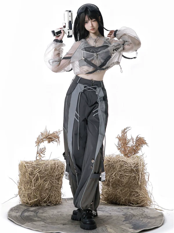 Infinite War Zone Cyberpunk Techwear Lolita 3-Piece Set – Crop Tank Top, Sheer Mesh Outer Jacket & Tactical Cargo Pants