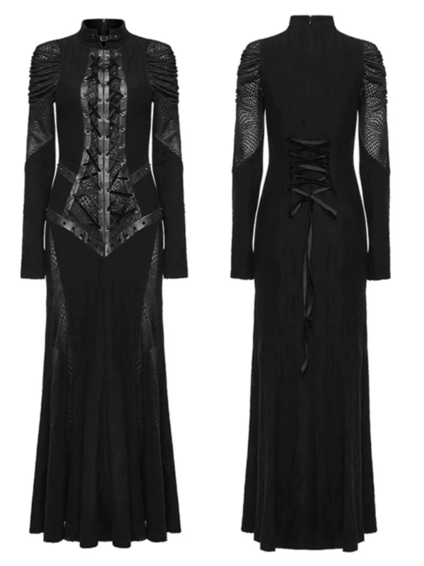 PUNK RAVE Women's Dark Gothic Lace-Up Maxi Dress – Vintage Punk Corset Floor-Length Gown WQ-653
