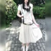 Vintage Mori Kei Mint Green 3-Piece Outfit Set – Short Sleeve Cardigan, Inner Blouse & Polka Dot Midi Skirt