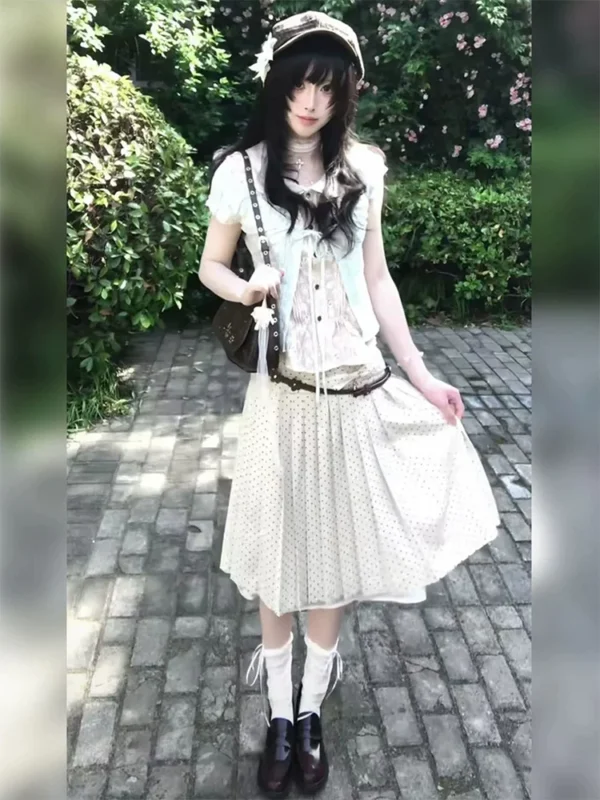 Vintage Mori Kei Mint Green 3-Piece Outfit Set – Short Sleeve Cardigan, Inner Blouse & Polka Dot Midi Skirt