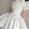 Lolita Double-Breasted Lace Patchwork Short Sleeve Mini Dress – Japanese Gothic Pinstripe High Waist Slim A-Line Summer Dress