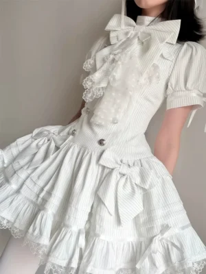 Lolita Double-Breasted Lace Patchwork Short Sleeve Mini Dress – Japanese Gothic Pinstripe High Waist Slim A-Line Summer Dress