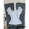 Vintage Floral Lace Bow Short-Sleeve Top – Sweet Coquette Square-Neck Slim Fit Blouse