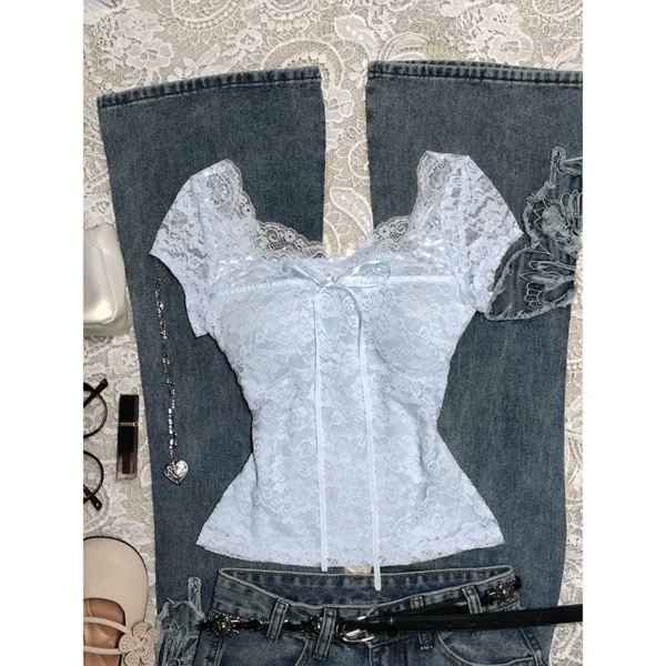 Vintage Floral Lace Bow Short-Sleeve Top – Sweet Coquette Square-Neck Slim Fit Blouse