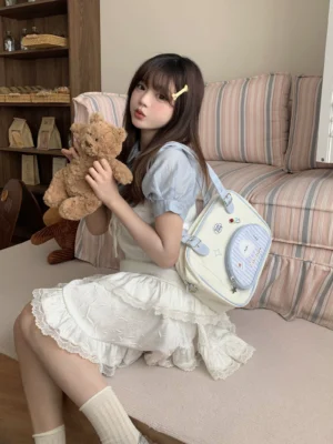 Rizhi Store Kawaii Japanese Academy Style Nylon Bag – Cute Cartoon 2-Way Shoulder Crossbody Student Satchel