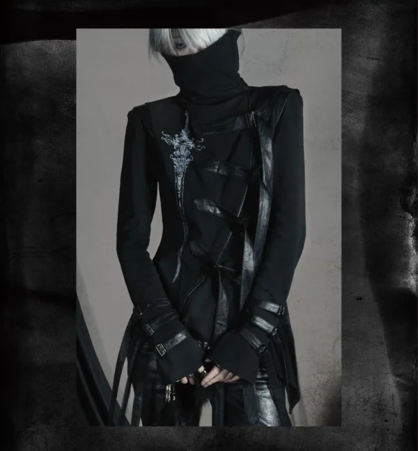 CroixDragon Gothic Sword Print High Collar Buckled Top – Darkwear Asymmetric Strapped Tunic Jacket for Unisex