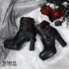 Lacy Bones Gothic Cross Ankle Boots – Dark Subculture Crimson Mesh Platform High Heel Ankle Boots