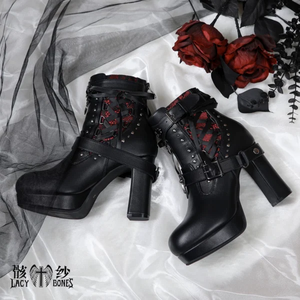 Lacy Bones Gothic Cross Ankle Boots – Dark Subculture Crimson Mesh Platform High Heel Ankle Boots