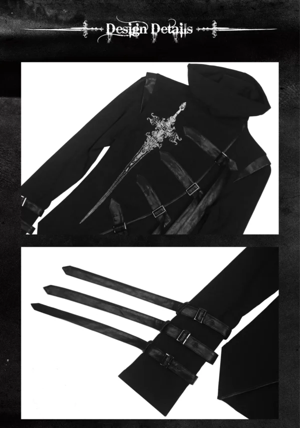 CroixDragon Gothic Sword Print High Collar Buckled Top – Darkwear Asymmetric Strapped Tunic Jacket for Unisex